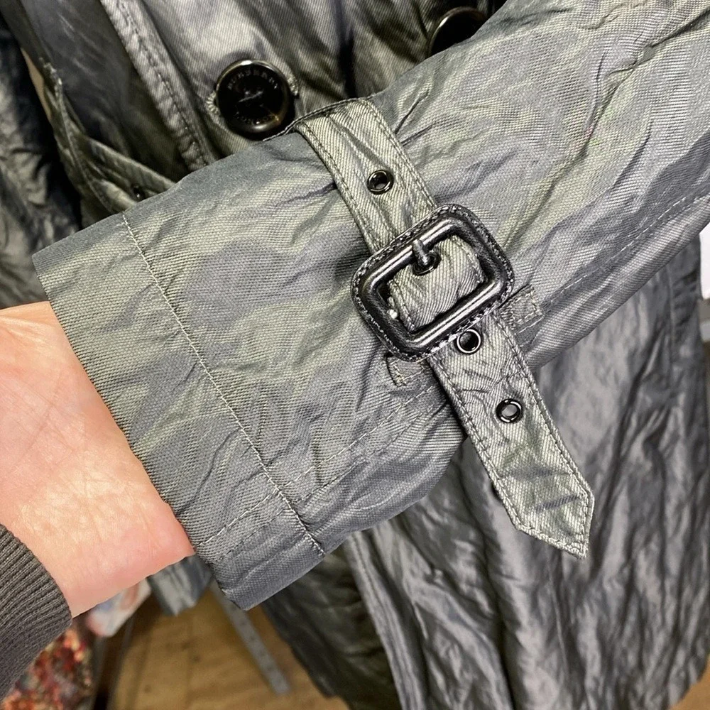 Burberry London Metallic Charcoal Crinkle Trench Coat Belted Double Breasted 180 - Picture 4 of 12